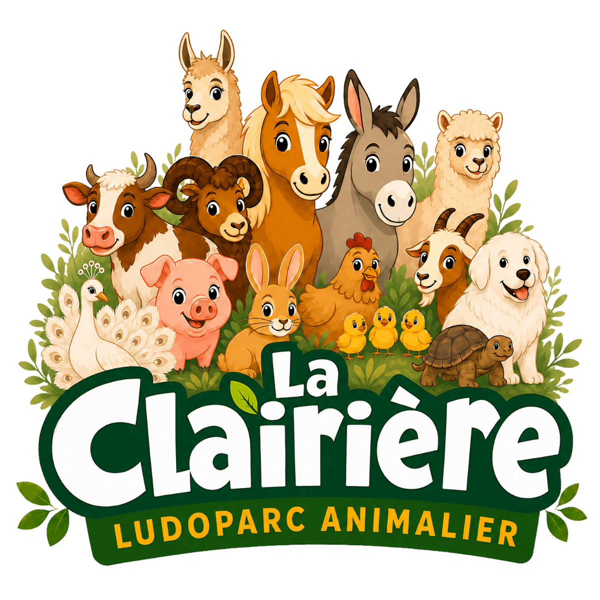 Les habitants de La Clairière — illustrations de poney, lama, âne, alpaga, vache, mouton, chèvre, chien, lapin, poule, poussins, cochon, tortue et paon, regroupés autour du wordmark La Clairière Ludoparc animalier